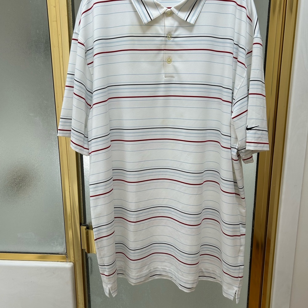 Nike White Polo golf shirt with Red and Blue Stripes